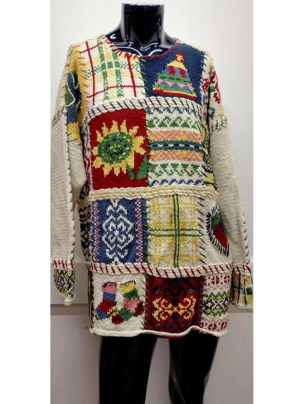 Vintage 1990s Long Sweater Patchwork Holiday Knit Ramie SARAH CHAPMAN DESIGNER